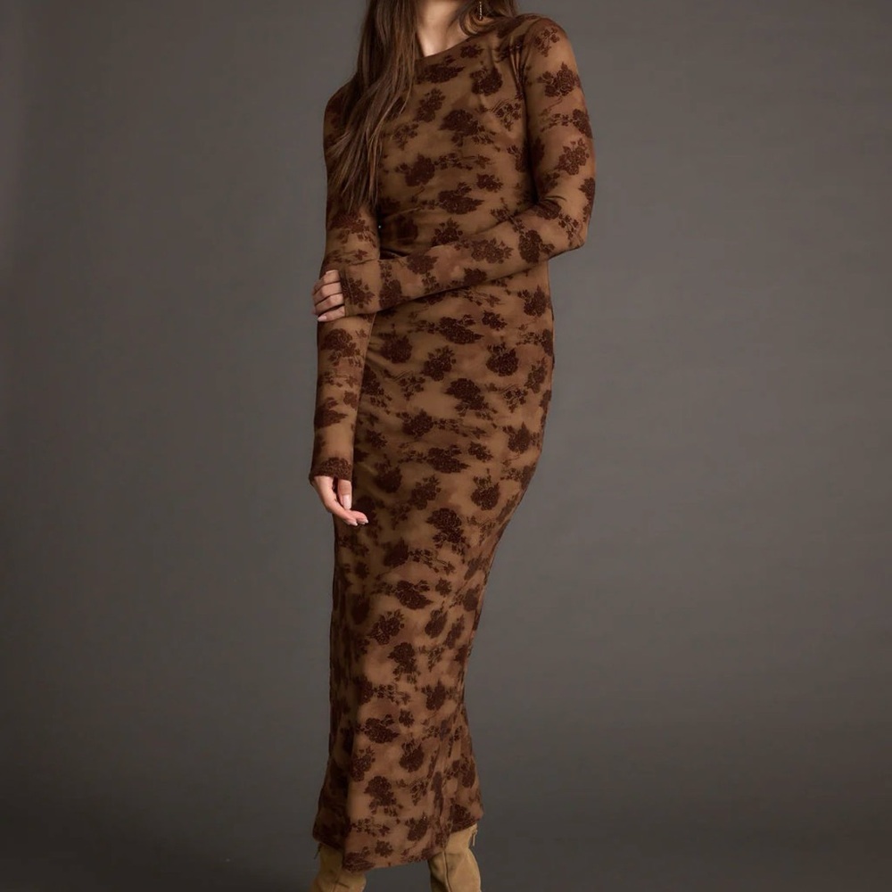 Casanova Brown Floral Mesh Maxi Dress